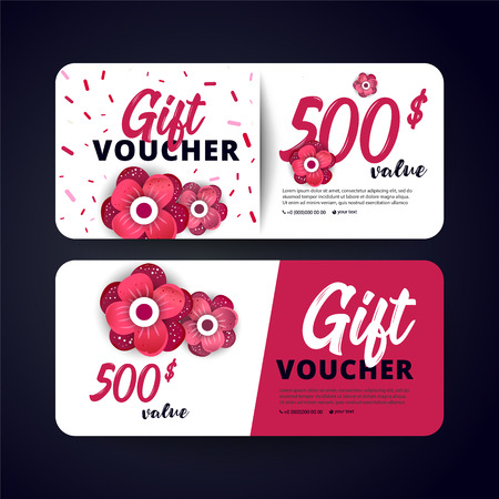 Gift voucher card set template with flowers on white background. Paper cut style vector illustration.のイラスト素材