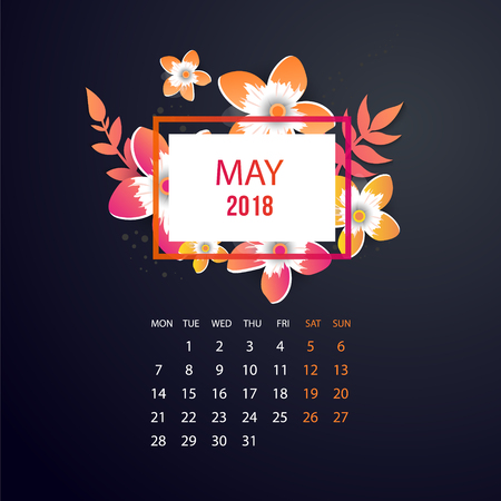 Design floral template calendar May 2018. Print template calendar with paper cut flowers.のイラスト素材