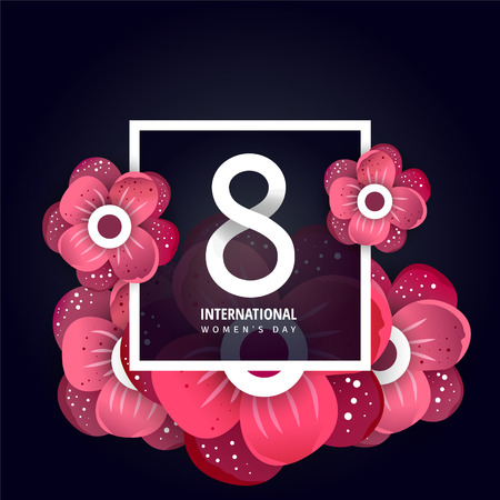 International women's day greeting  poster.3d illustration with origami flowers on a dark background.のイラスト素材