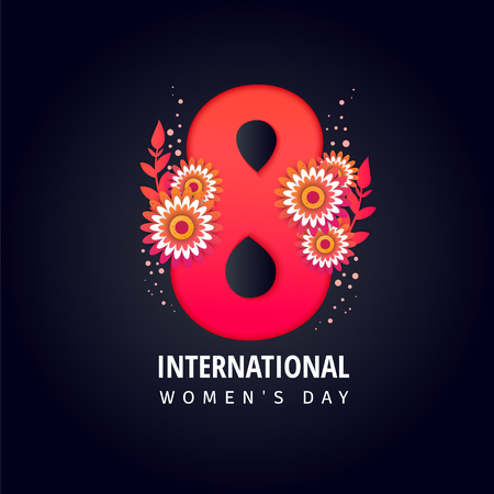 8 number 3d illustration with red flowers and greens on dark background.のイラスト素材
