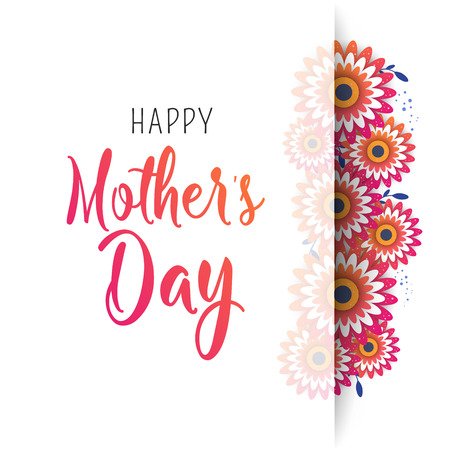 Happy Mother's Day lettering with bright flowers. Trendy Design Template. Vector illustration posterのイラスト素材
