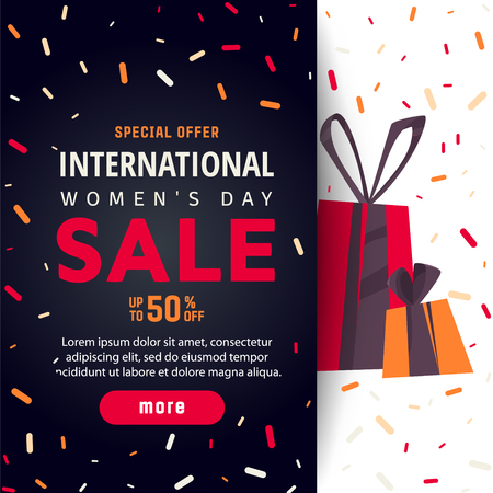 International Women's day sale greeting poster with gifts and confetti design.のイラスト素材