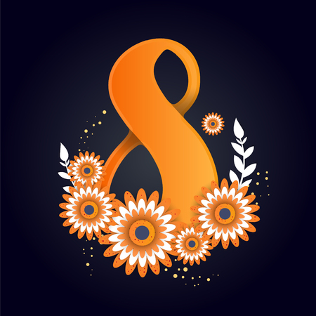 Number 8 3d illustration with origami flowers on a dark background.のイラスト素材
