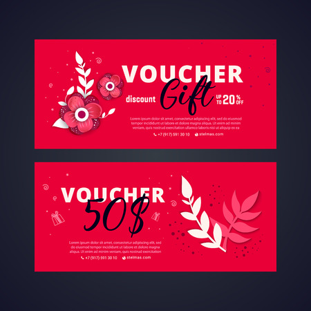 8 march voucher. Bright set of gift voucher 50 dollars discount  with flowers and 8 number paper cut styleのイラスト素材