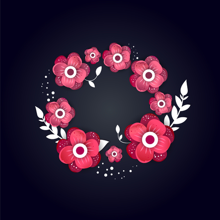 Summer day poster 3d illustration with blue origami flowers on a dark background. Place for your text.のイラスト素材