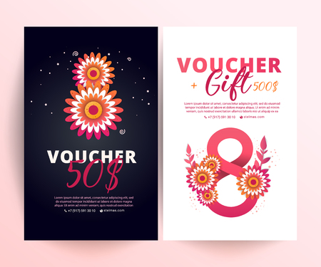8 march voucher. Bright set of gift voucher 50 dollars discount  with flowers and 8 number paper cut styleのイラスト素材