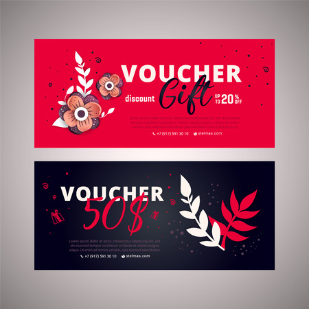 8 march voucher. Bright set of gift voucher 50 dollars discount  with flowers and 8 number paper cut styleのイラスト素材
