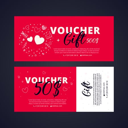 Valentine's day voucher. Gift voucher template with brigh telement. Bright set of gift voucher 50 dollars discountのイラスト素材