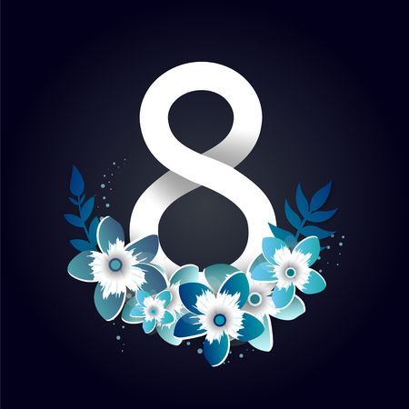8 number 3d illustration with origami flowers  on a  dark background. Discountのイラスト素材