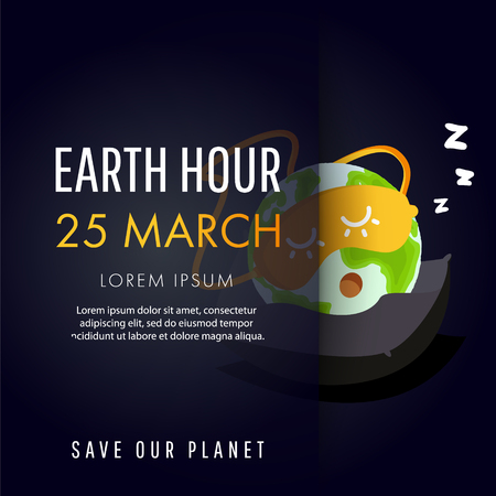 Illustration of Earth hour, 25 march. Our planet sleeps on the pillow. Flat design vector illustration for web banner, web and mobile, infographics.のイラスト素材
