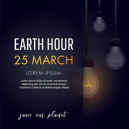 Earth hour poster with light bulbs on dark background. Flat design vector illustration.のイラスト素材