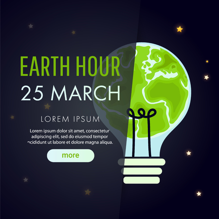 Earth hour poster with big light bulb on night background. Flat design vector illustration.のイラスト素材