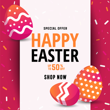 Composition of Easter card with  shape frame, egg on colorful modern geometric background. Vector illustration.のイラスト素材