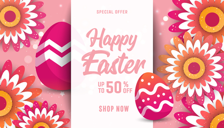 Composition of Easter sale banner background template with beautiful colorful spring flowers, eggs with a pattern. Vector illustration.のイラスト素材