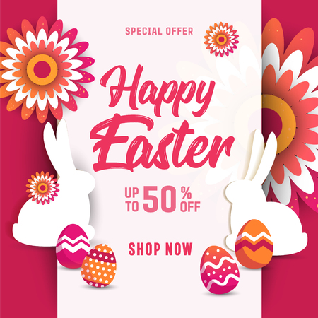 Composition of Easter sale banner background template with beautiful colorful spring flowers and bunny rabbit  Vector illustration.のイラスト素材