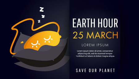 Illustration of Earth hour. 25 march. Our planet sleeps. Flat design vector illustration for web banner.のイラスト素材