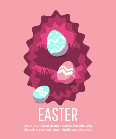 Vector cute poster for Easter Egg  with colored eggs and rabbits.  Holiday backgroundのイラスト素材