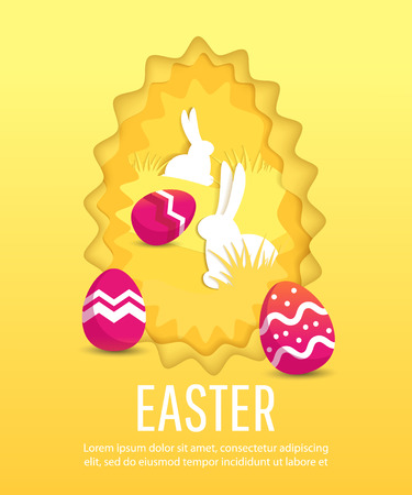 Vector cute poster for Easter Egg  with colored eggs and rabbits.  Holiday backgroundのイラスト素材