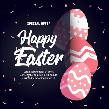Vector cute poster for Easter Egg  with colored eggs and rabbits.  Holiday backgroundのイラスト素材