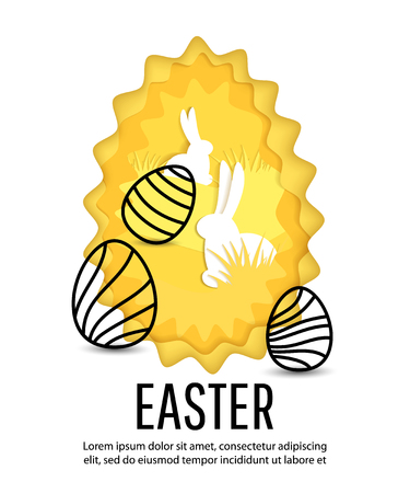A Vector cute poster for Easter Egg with colored eggs and rabbits. Holiday backgroundのイラスト素材