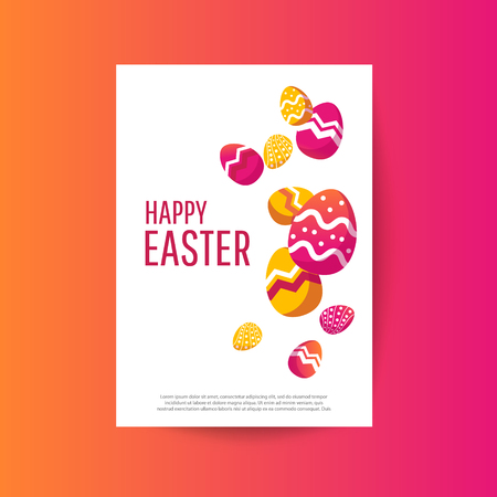 Happy Easter card with painted eggs on a pink background.のイラスト素材