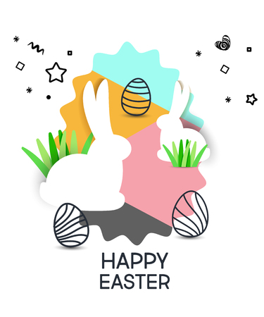 Vector cute poster for Easter Egg  with colored eggs and rabbits.  Holiday backgroundのイラスト素材