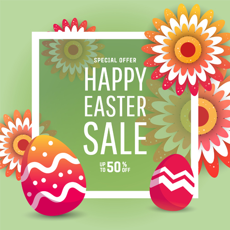 Easter sale banner background template with modern colorful spring flowers and eggs. Vector illustration.のイラスト素材