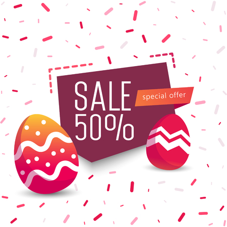 Easter sale banner background template with modern colorful spring flowers and eggs. Vector illustration.のイラスト素材