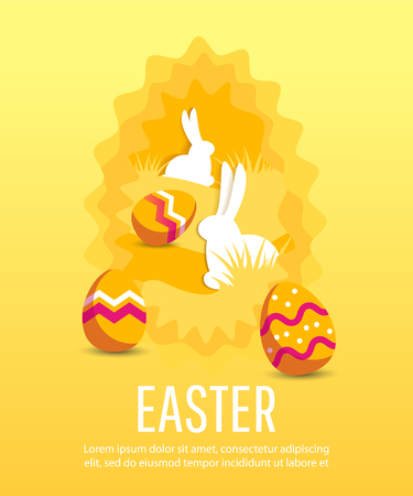 Vector cute poster for Easter Egg with colored eggs and rabbits. Holiday backgroundのイラスト素材