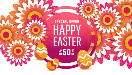 Easter sale banner background template with modern colorful spring flowers and eggs.のイラスト素材
