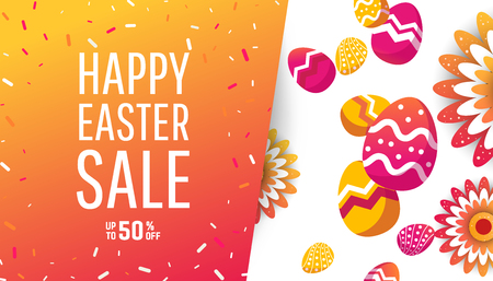 Easter sale banner background template with modern colorful spring flowers and eggs.のイラスト素材