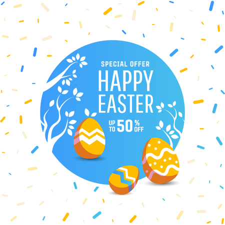 Easter sale banner background template with modern colorful spring flowers and eggs.のイラスト素材