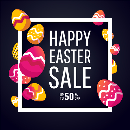 Easter sale banner background template with modern colorful spring flowers and eggs.のイラスト素材