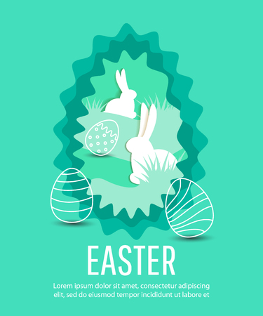 Happy Easter scene with  eggs and rabbits.  Concept for banner, flyer, invitation, greeting card, holiday backgrounds.のイラスト素材
