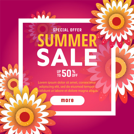 Summer sale design layout for banner, advertisement, card, poster etc. Background with trendy frame with origami flowersのイラスト素材
