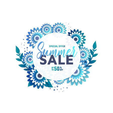 Summer sale design layout for banner, advertisement, card, poster etc. Background with origami flowers.のイラスト素材