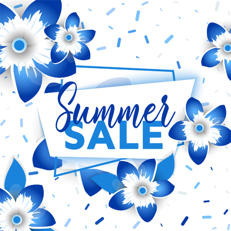 Sale banner, poster with flowers and handwriting lettering. Tropical summer background. Vector illustrationのイラスト素材