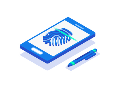 Bio-metric authentication. Flat 3d web isometric contract signature info-graphic concept.のイラスト素材