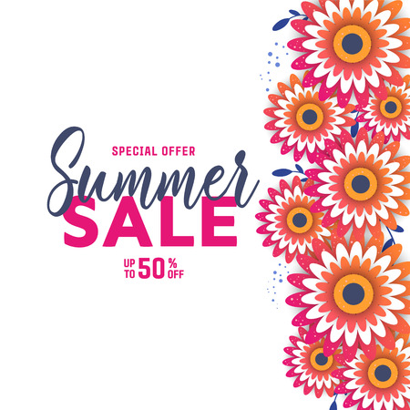 Sale banner, poster with flowers and handwriting lettering.のイラスト素材