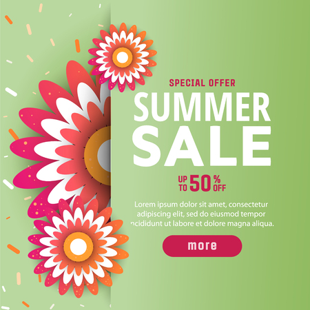 Sale banner, poster with flowers and handwriting lettering. Tropical summer background. Vector illustrationのイラスト素材