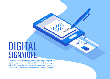 Digital signature. Flat 3d web isometric contract signature infographic concept vectorのイラスト素材
