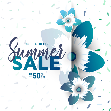 Sale banner, poster with flowers and handwriting lettering. Tropical summer background. Vector illustration.のイラスト素材