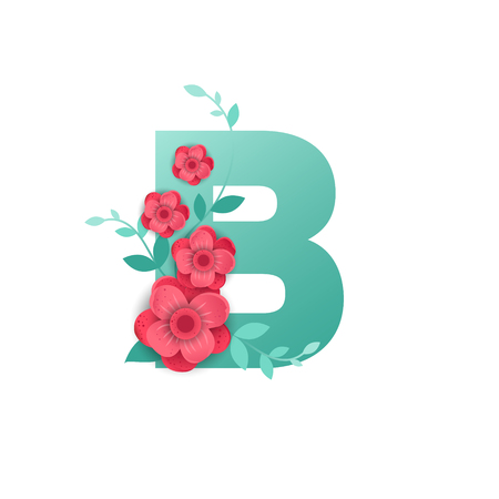 Floral Letter B Made of Flowers. Typographic, Monogram. Paper cut style. Vector illustration.のイラスト素材