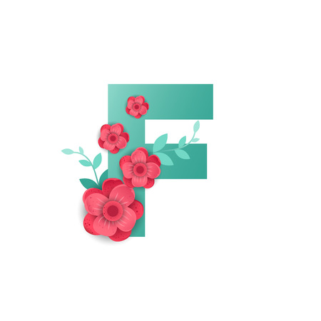 Floral letter F made of flowers. Typographic, monogram, paper cut style vector illustration.のイラスト素材