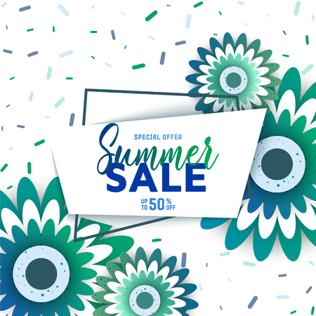 Sale banner, poster with flowers and handwriting lettering. Tropical summer background. Vector illustration.のイラスト素材
