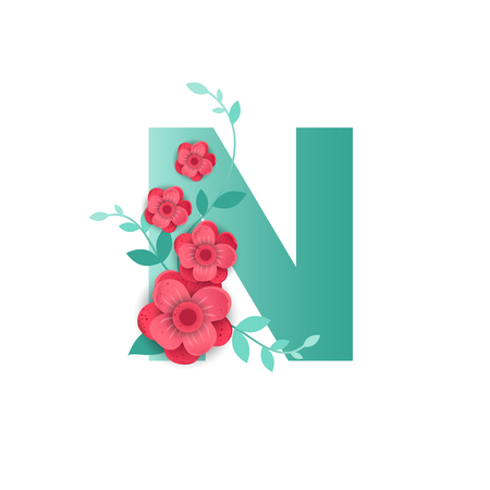 Floral Letter N Made of Flowers. Typographic, Monogram.Paper cut style. Vector illustration.のイラスト素材