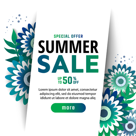 Sale banner, poster with flowers and handwriting lettering. Tropical summer background. Vector illustrationのイラスト素材