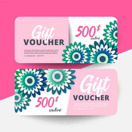 Gift Voucher Card Set Template with flowers on color background. Paper cut style vector illustration.のイラスト素材