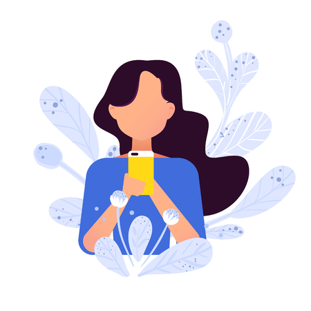 Young girl looking at mobile phone and checking social networks. Virtual communicationのイラスト素材