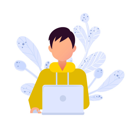 Young man looking at pc phone and checking social networks. Virtual communicationのイラスト素材